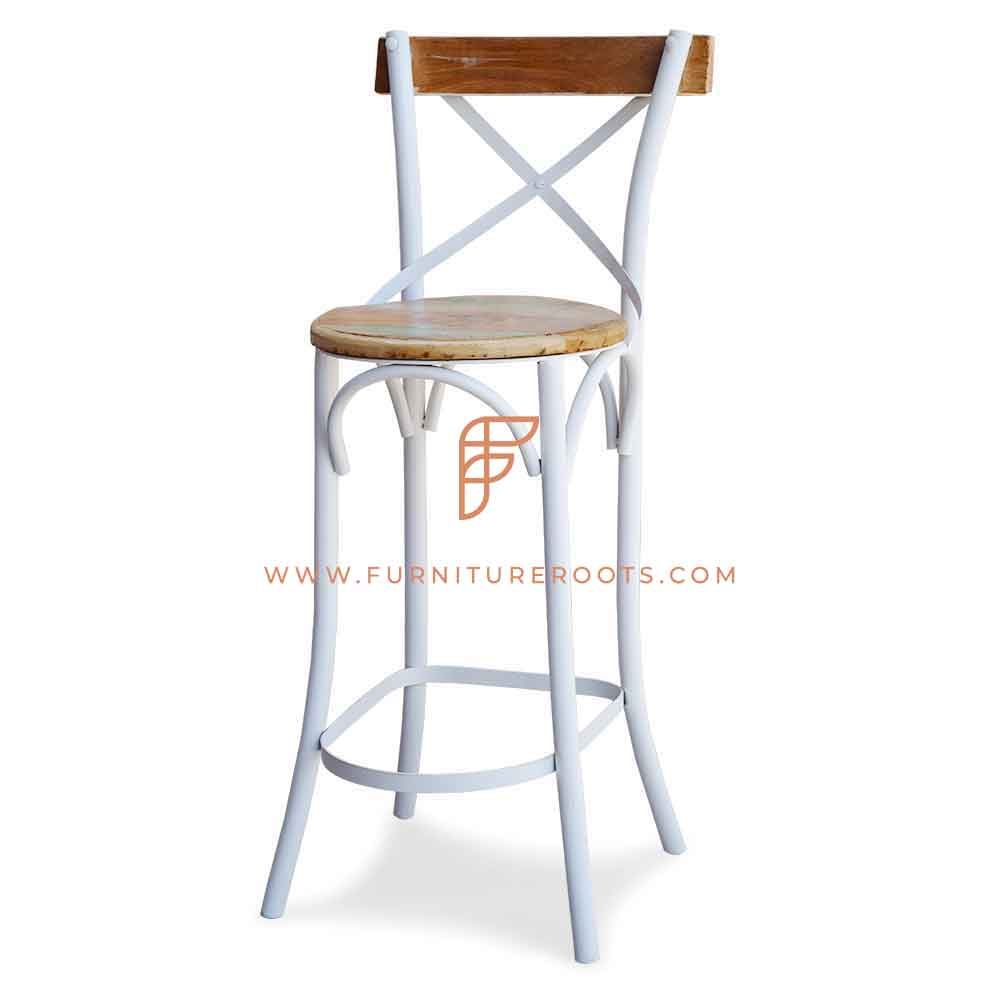 FR Barstools Series Designer Metal Cross-Back Bar Height Chair with Wooden Seat in White Finish