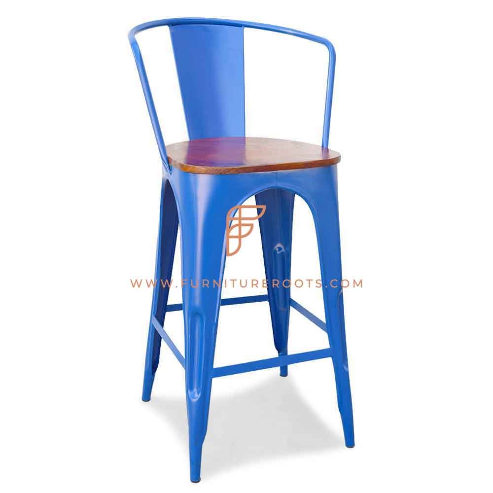 FR Barstools Series Metal Bar Height Chair with Wooden Seat in Blue Finish