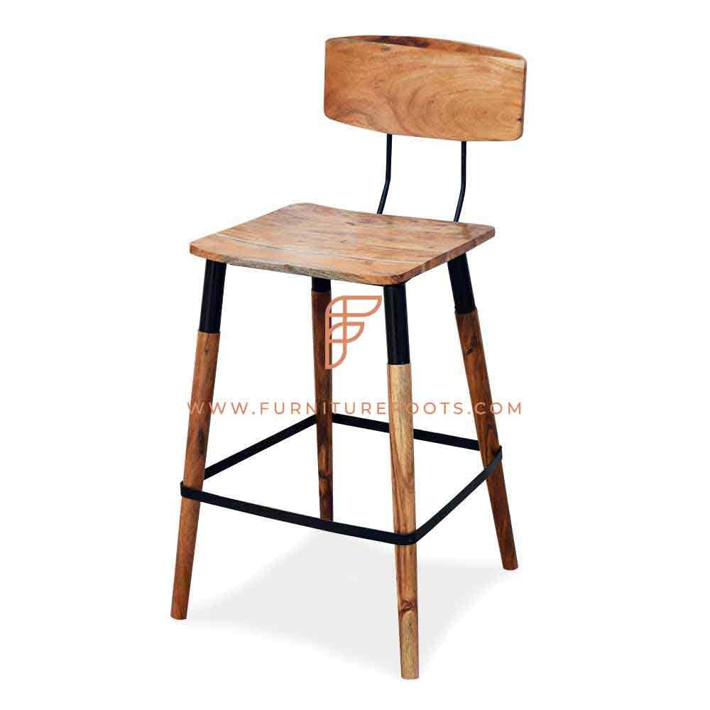 FR Barstools Series Rustic Industrial-Design Metal Bar Height Chair with Wooden Seat & Full-Height Backrest