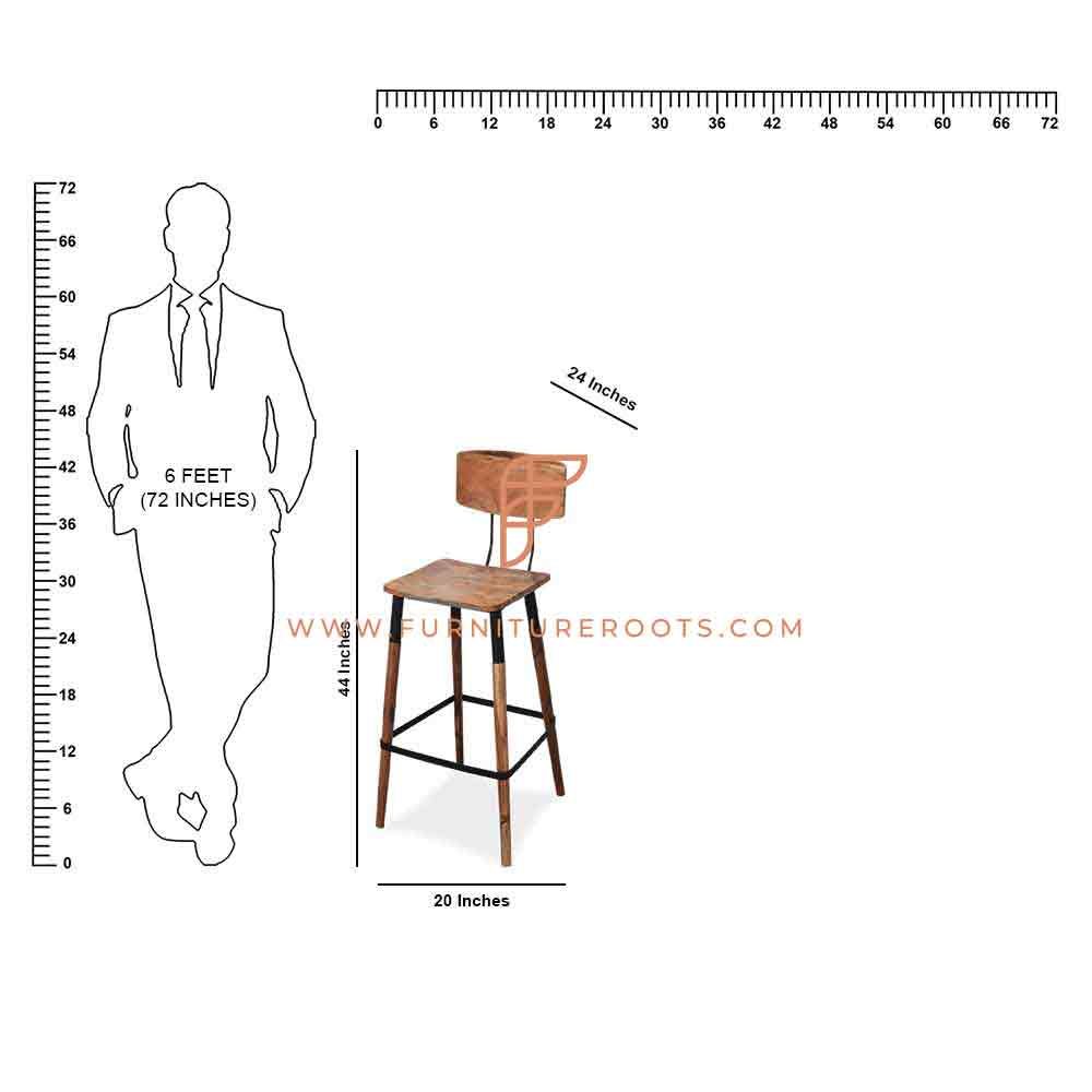 FR Barstools Series Rustic Industrial-Design Metal Bar Height Chair with Wooden Seat & Full-Height Backrest