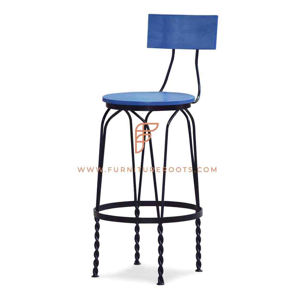 FR Barstools Series Designer Bar Height Metal Barstool with Wooden Seat Top and Backrest in Blue