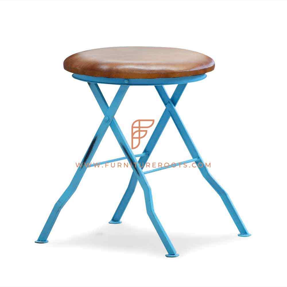 FR Barstools Series Low-Height Bistro Stool with Leather Upholstery in Distress Painted Finish