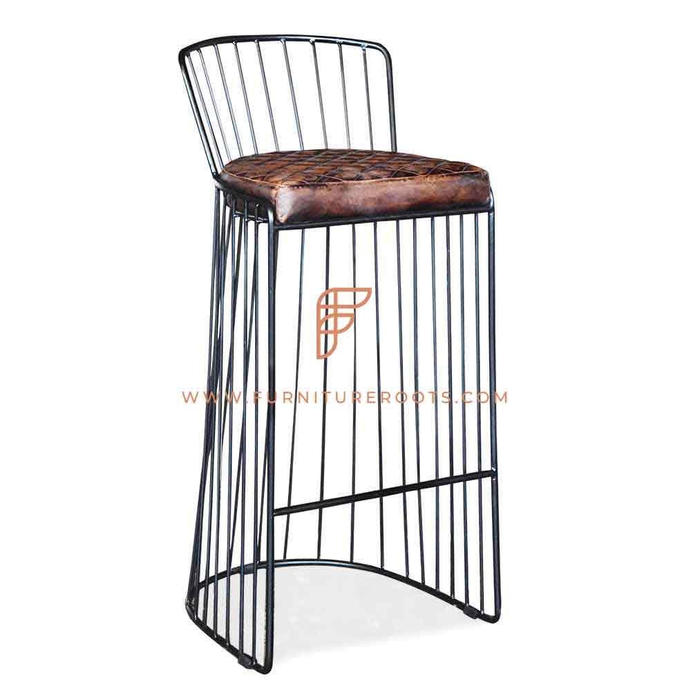 FR Barstools Series Classic Iron Grill Bar Height Stool with Leather Seat in Black