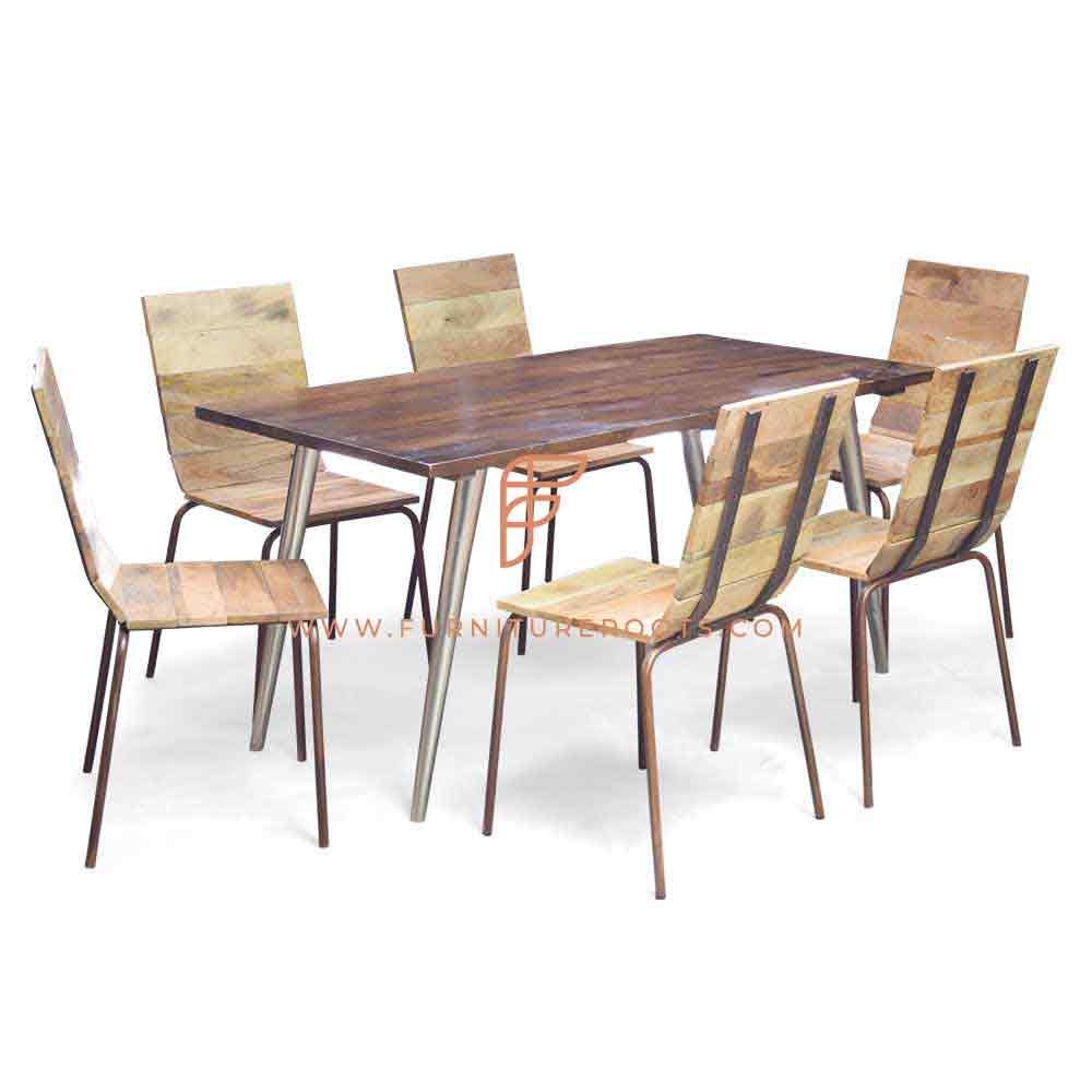 FR Dining Sets Series Table de salle à manger de design industriel avec 6 chaises en bois et métal au fini naturel