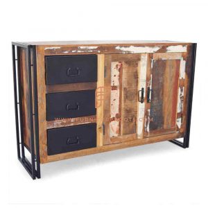 FR Cabinet Series Industrial-Design Credenza With 2 Doors and 3 Drawers In Distressed Finish