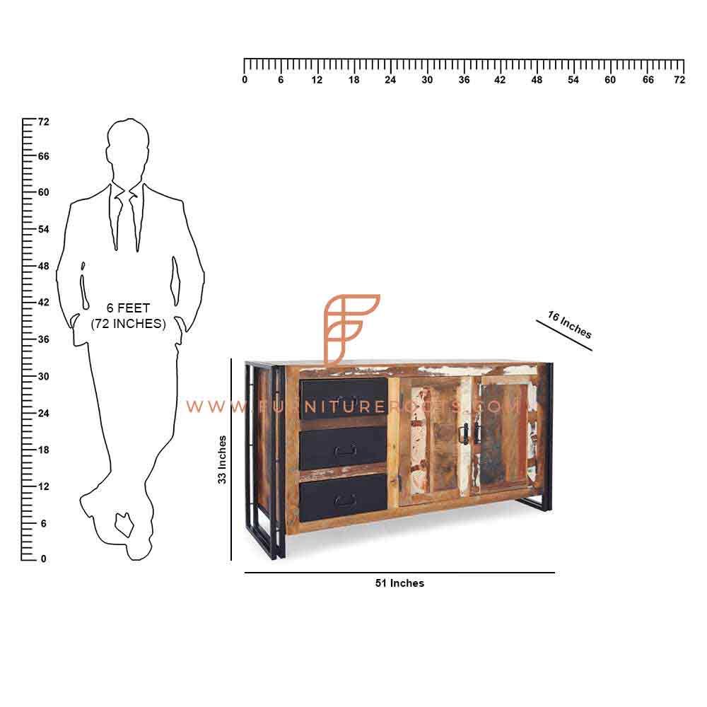 Credenza design industriale serie FR con 2 ante e 3 cassetti in finitura anticata