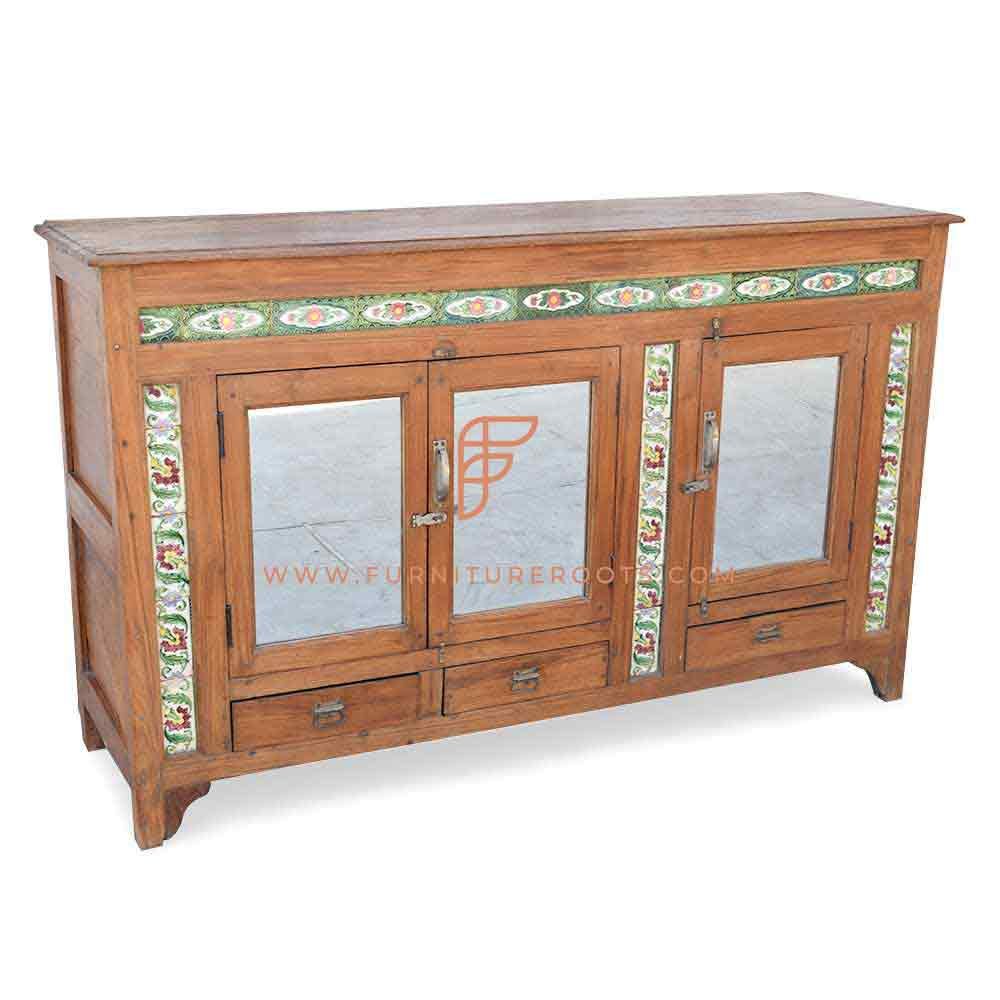 FR Cabinet Furniture Series Wooden Sideboard With Hand Painted Edges And Mirrored Doors