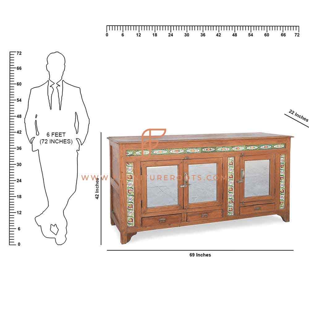 Aparador de madera de la serie de muebles del gabinete FR con bordes pintados a mano y puertas con espejo