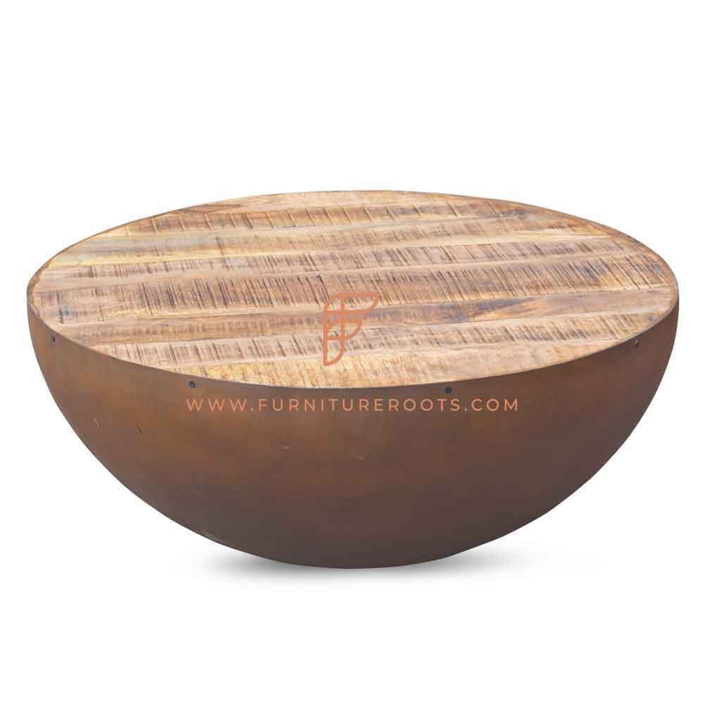 FR Coffee Tables Series Drum Coffee Table in Metal Base in Rust Brown Finish and Rough Sawn (Aara) Wood Top