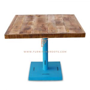 FR Tables Series Mesa de jantar quadrada com perna de metal e tampo de madeira serrado em bruto