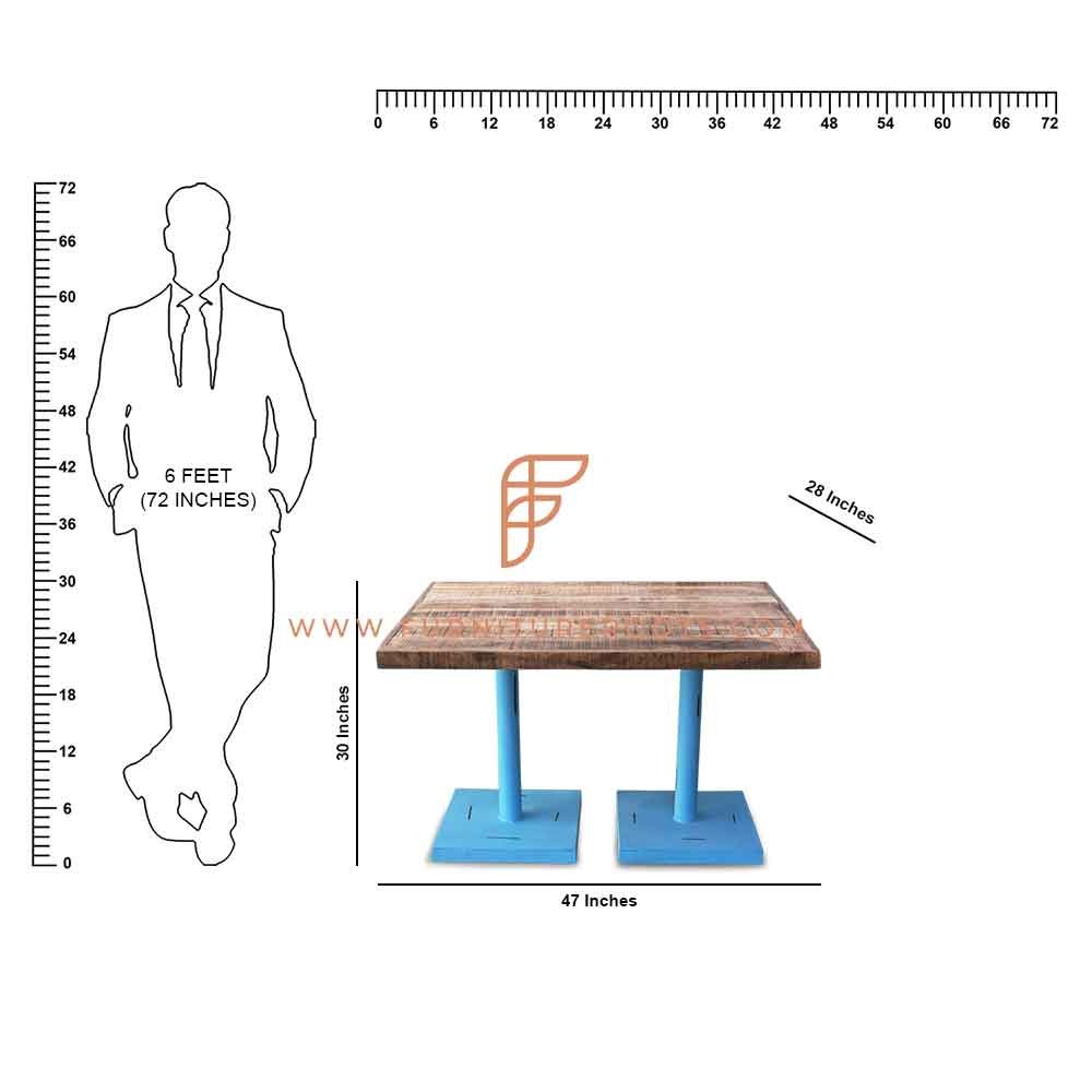 FR Tables Series Mesa de jantar com pernas duplas de metal e tampo de madeira serrado em bruto