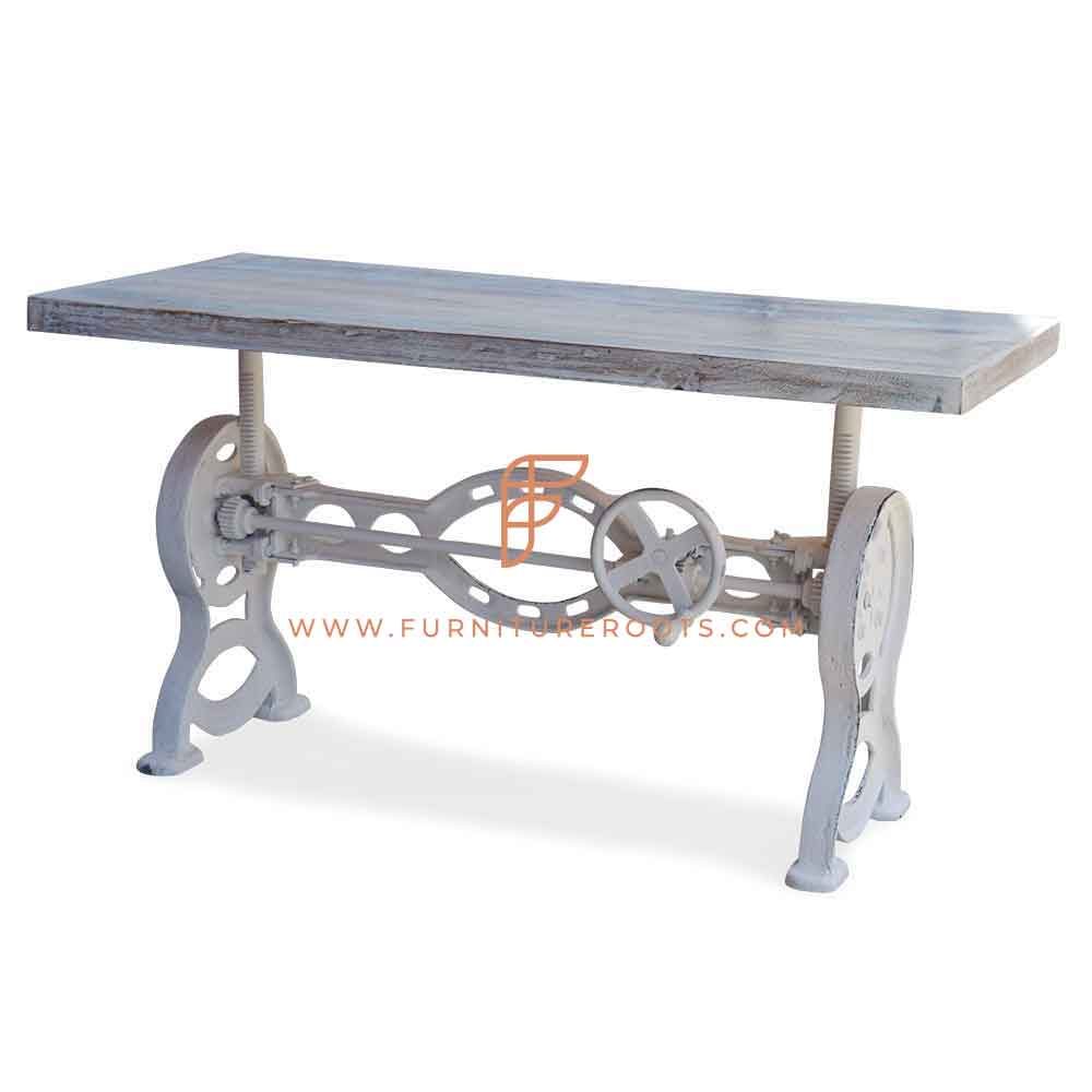 FR Dining Tables Series Adjustable Height Crank Dining Table with Trestle Legs & Wooden Top in White Distress Finish