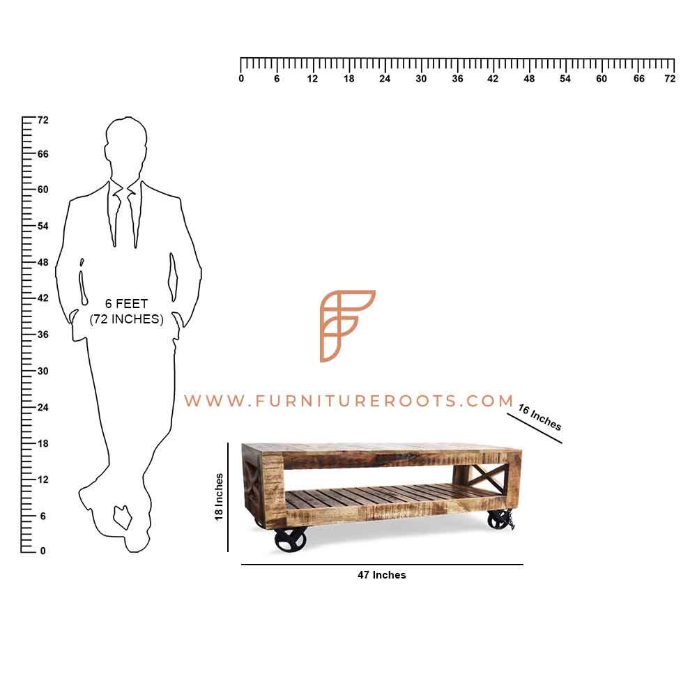 FR Coffee Tables Series Rectangular Coffee Table with Steampunk Wheels and Rough Sawn Finish
