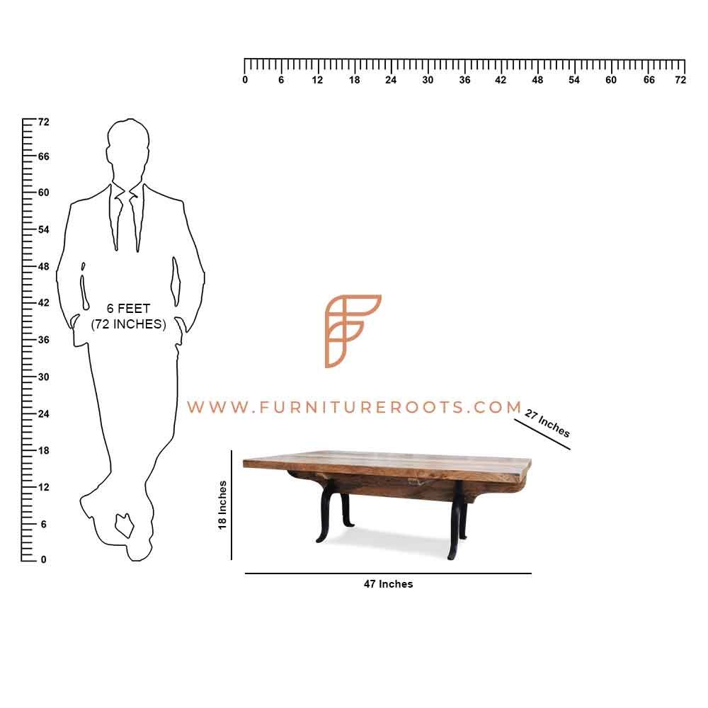 Mesa de centro rectangular serie FR Coffee Tables con patas laterales cabriole de hierro fundido y tapa de madera con viga central