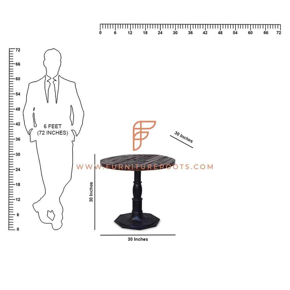 FR Tables Series Ronde eettafel met gietijzeren zeshoekige voet en geborgen houten dwarsbalk