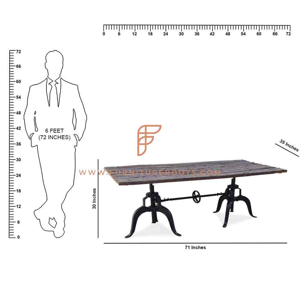 Mesa de comedor de diseñador de altura ajustable de la serie FR Tables con base de mesa de manivela de hierro fundido y tapa de madera de durmiente recuperada