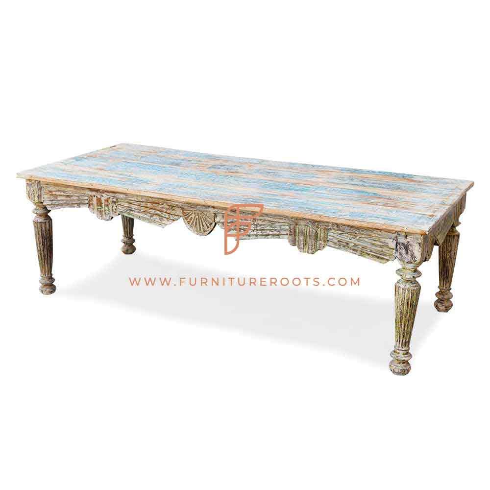 FR Coffee Table Series Distress Painted Solid Wood Centre Table With Hand Carving And Fluted Legs