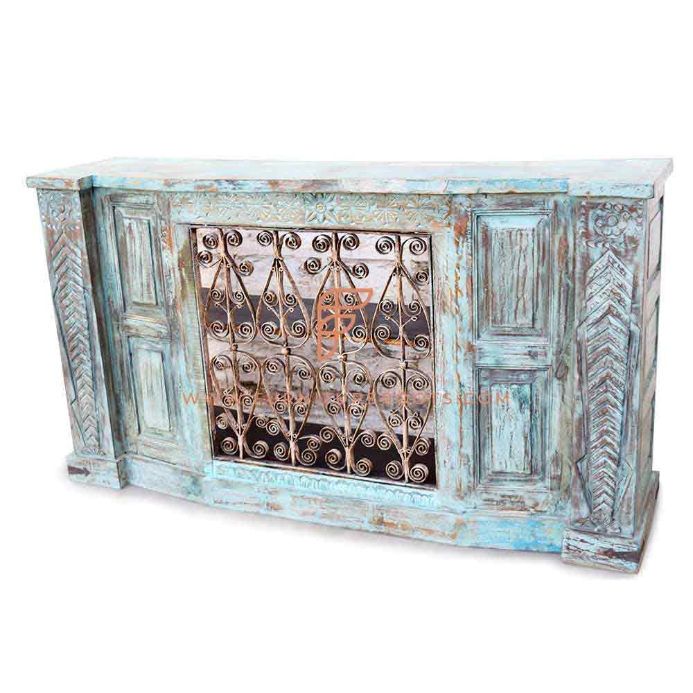 FR Bar Serving Counters Series Light Green Distress Painted Solid Wood Bar & Wine Service Counter With Iron Grills And Hand Carving