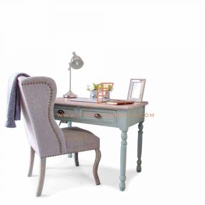 light violet accent chair with Indian style study desk