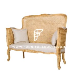 FR Sofas Series 2-Seater High-Back Loveseat in Solid Wood Frame and Cane-Weave Back & Armrests and Cabriole Legs