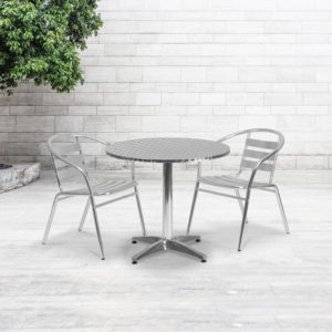 Steel Stainless Grey colored simple steel chairs and round stainless steel table